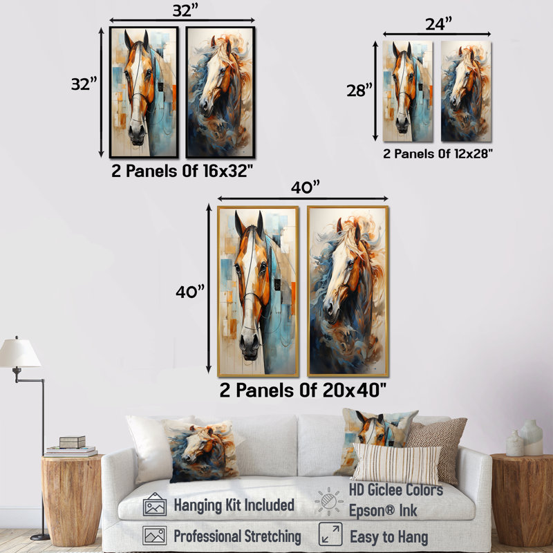 Portrait de cheval - ensemble de 2 impressions sur toile, Cadre noir, H 28 po x l 25 po