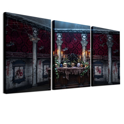 Ensemble de 3 toiles murales gothiques avec autel en forme de crâne et décorations d'Halloween rouges
