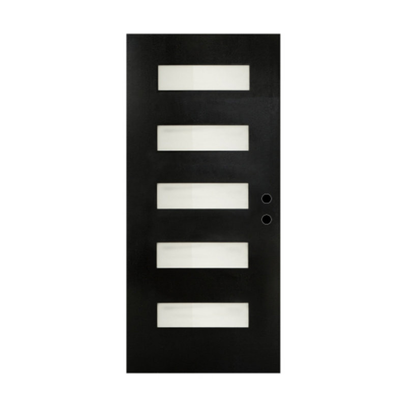 Porte d'entrée en fibre de verre noire 91,4 cm x 203,2 cm, texture grain de bois brossé, 5 carreaux en verre dépoli à faible émissivité, ouverture vers l'intérieur à gauche, panneau de porte seulement