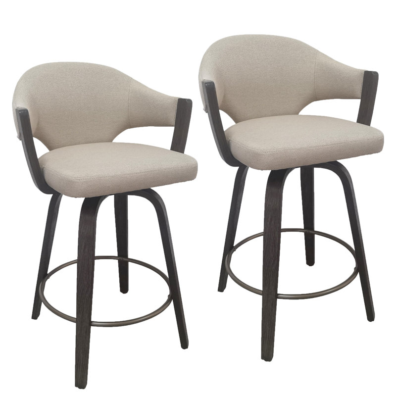 Modern Fabric and Bentwood 26" Counter Stool with Swivel, Set of 2, 26" Swivel Counter Stool, Set of 2 -Toffee/Walnut