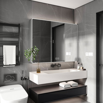 Armoire de toilette en aluminium 35 po x 28 po, avec désembuage, support de rangement pour cosmétiques et support pour sèche-cheveux, pouces de finition gris et apparence