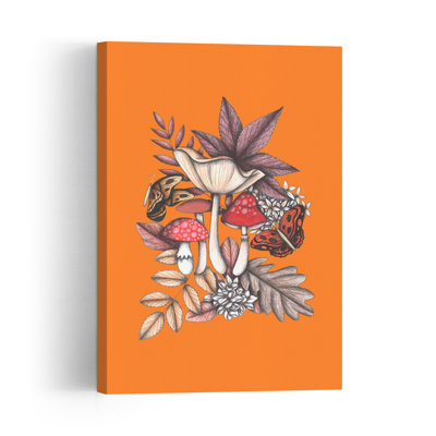 Autumn Mushroom Butterflies Vibrant Abstract Contemporary Butterfly Fly Autumn Forest Wall Art Print 1 Piece Wrapped Canvas Wall Art
