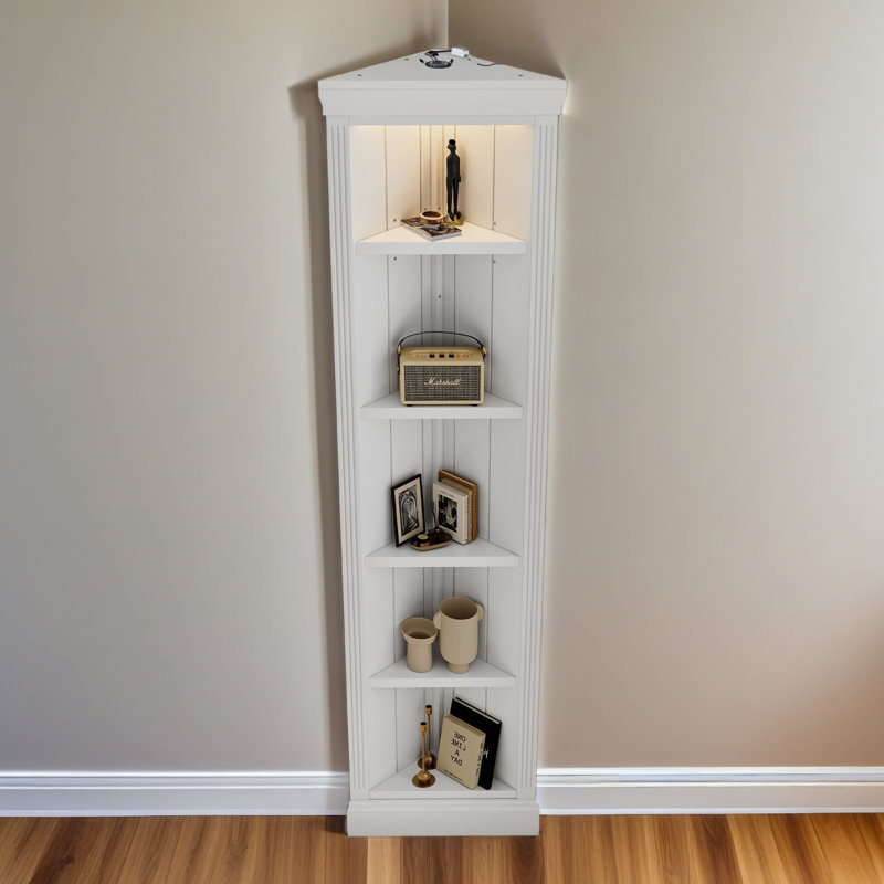 Étagère d'angle moderne de 83,4 po de hauteur, bibliothèque d'angle à 5 niveaux avec éclairage à DEL, étagère de rangement sur pied, présentoir à plante ouverte pour petit espace de salon, coin mural, bureau personnel, blanc
