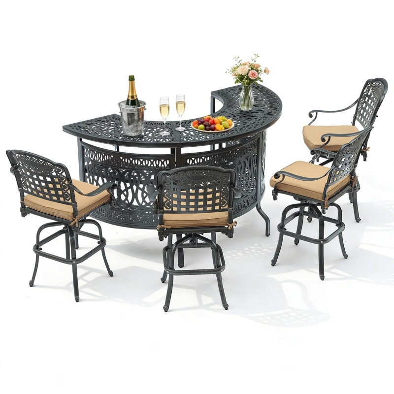  Ensemble de bar d'extérieur 5 pièces avec table de patio en aluminium coulé à 3 niveaux et demi-lune de 75 po et 4 tabourets pivotants rembourrés, grand ensemble de bar pour l'extérieur pour jardin, cour et terrasse
