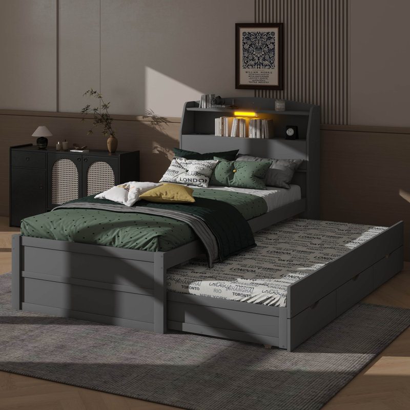 Ensemble de lit plateforme en bois à DEL avec lit gigogne escamotable, tête de lit et tiroirs, gris, Lit simple