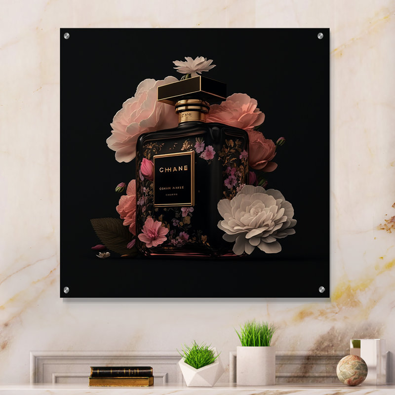 «Elegant Floral Perfume Bottle II», art mural acrylique à la mode, H 36 po x l 36 po