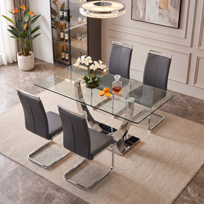 Ensemble de salle à manger 5 pièces rectangulaire moderne en verre trempé avec base en métal et chaises en porte-à-faux en similicuir