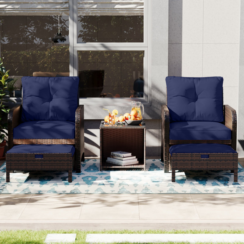 5 Pieces Outdoor Patio Chairs Set,PE Wicker Conversation Furniture with Cushions,Coffee Table,Navyblue, Navy