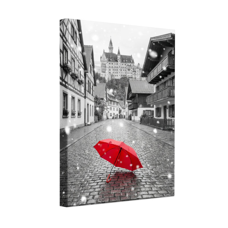 Scénique et paysage urbain parapluie rouge sur la rue pavée avec château, H 18 po x l 12 po