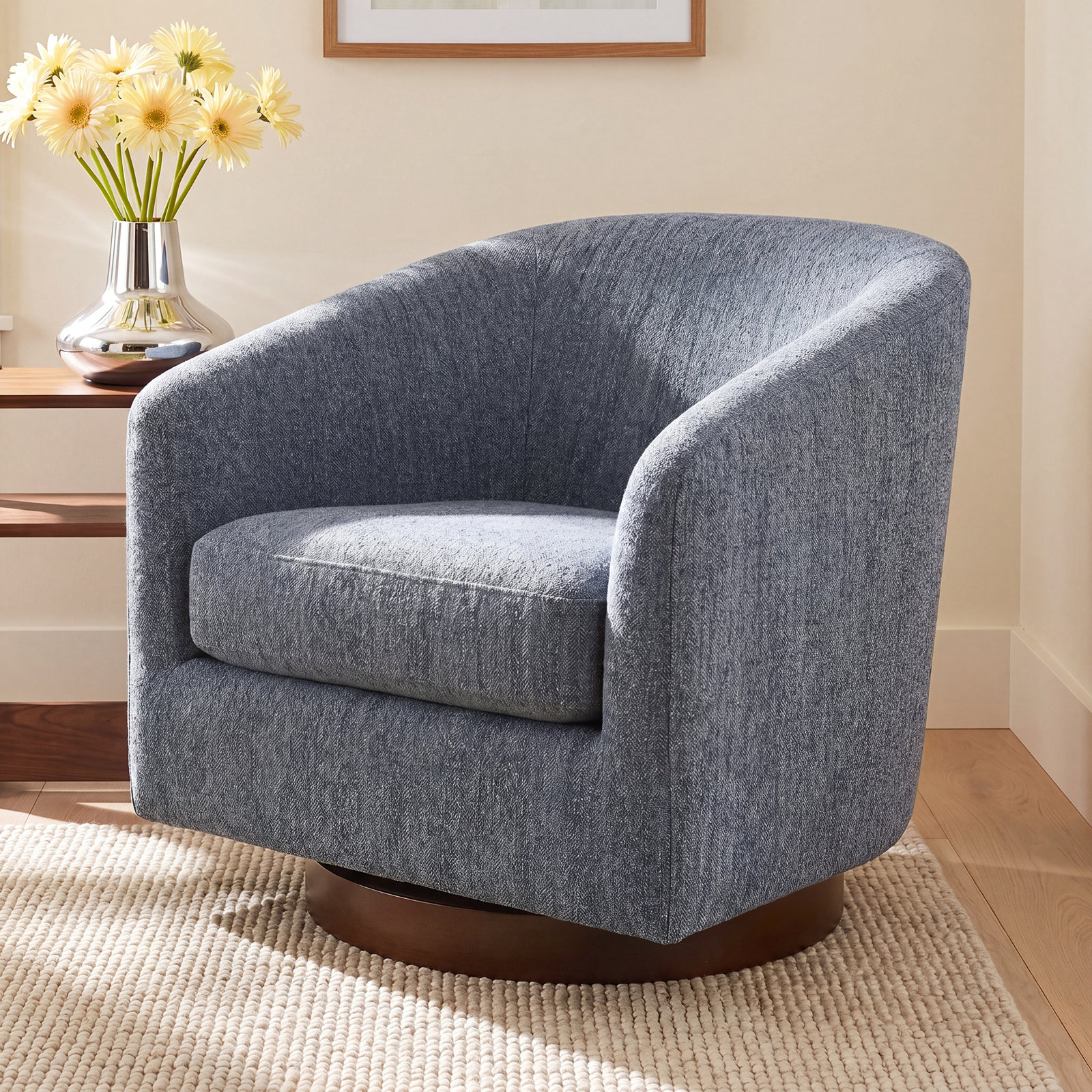 Bennett Pine Swivel Barrel Chair, Mellow Steel Blue Boucle