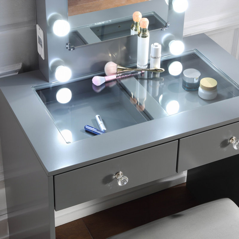Makeup Vanity and Stool Set, Gray