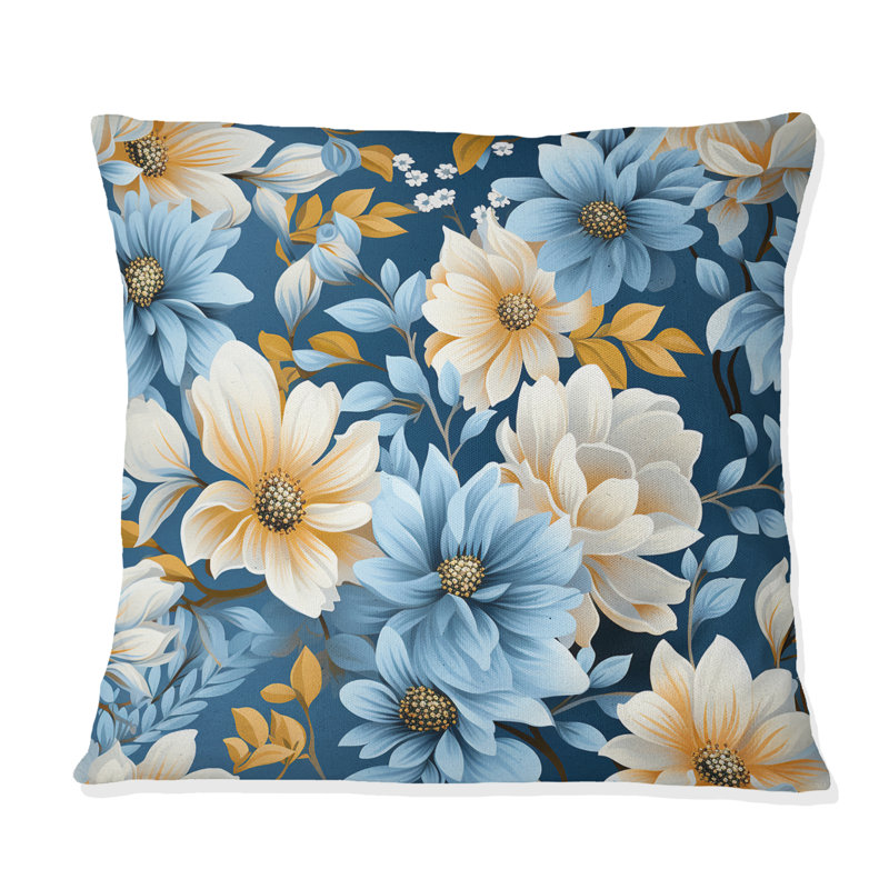 Coussin décoratif jaune et bleu à motif de fleurs de ferme I, H 16 po x l 16 po