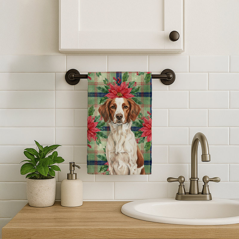 Liver and White Brittany Christmas PoinsettIas Kitchen Towel, Liver/White Brittany