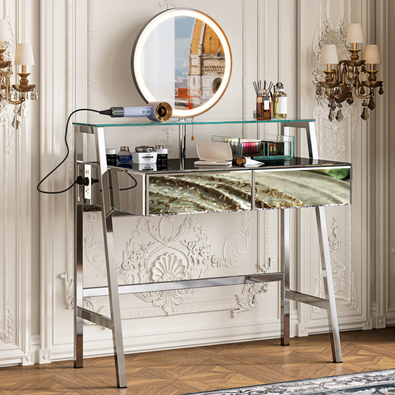 Meuble-lavabo à miroir 33,9 po avec miroir et lumières, coiffeuse à miroir avec 2 grands tiroirs et tablette ouverte