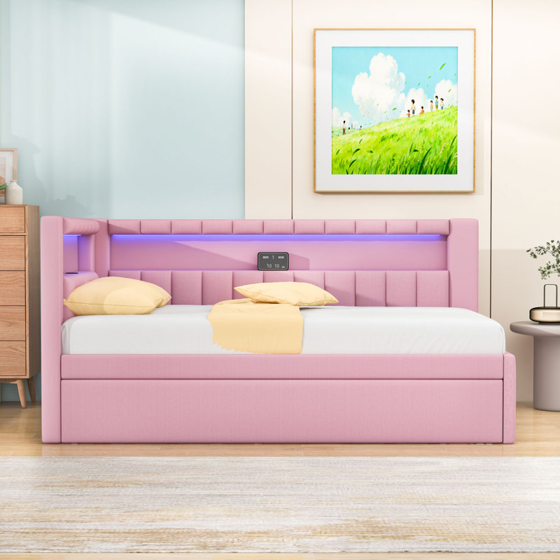 Lit de jour simple rembourré avec couchette et port USB et ceinture DEL, Rose