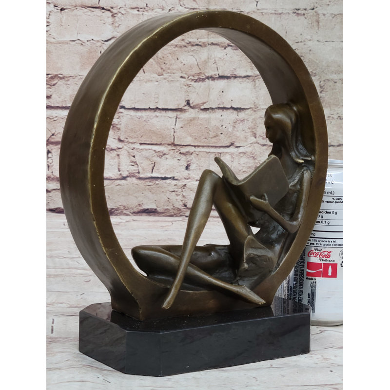 Sculpture originale en bronze signée, œuvre d'art abstraite, lecture de fille