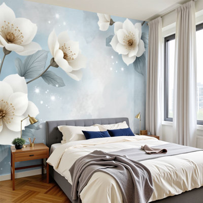 Peel and Stick Wallpaper Elegant White Magnolia Flowers Soft Blue Leaves Textured Wall Murals 100"H x 144"W Removable PVC Wall Paper Self-Adhesive Wall Decor for Bedroom Living Room Home Office