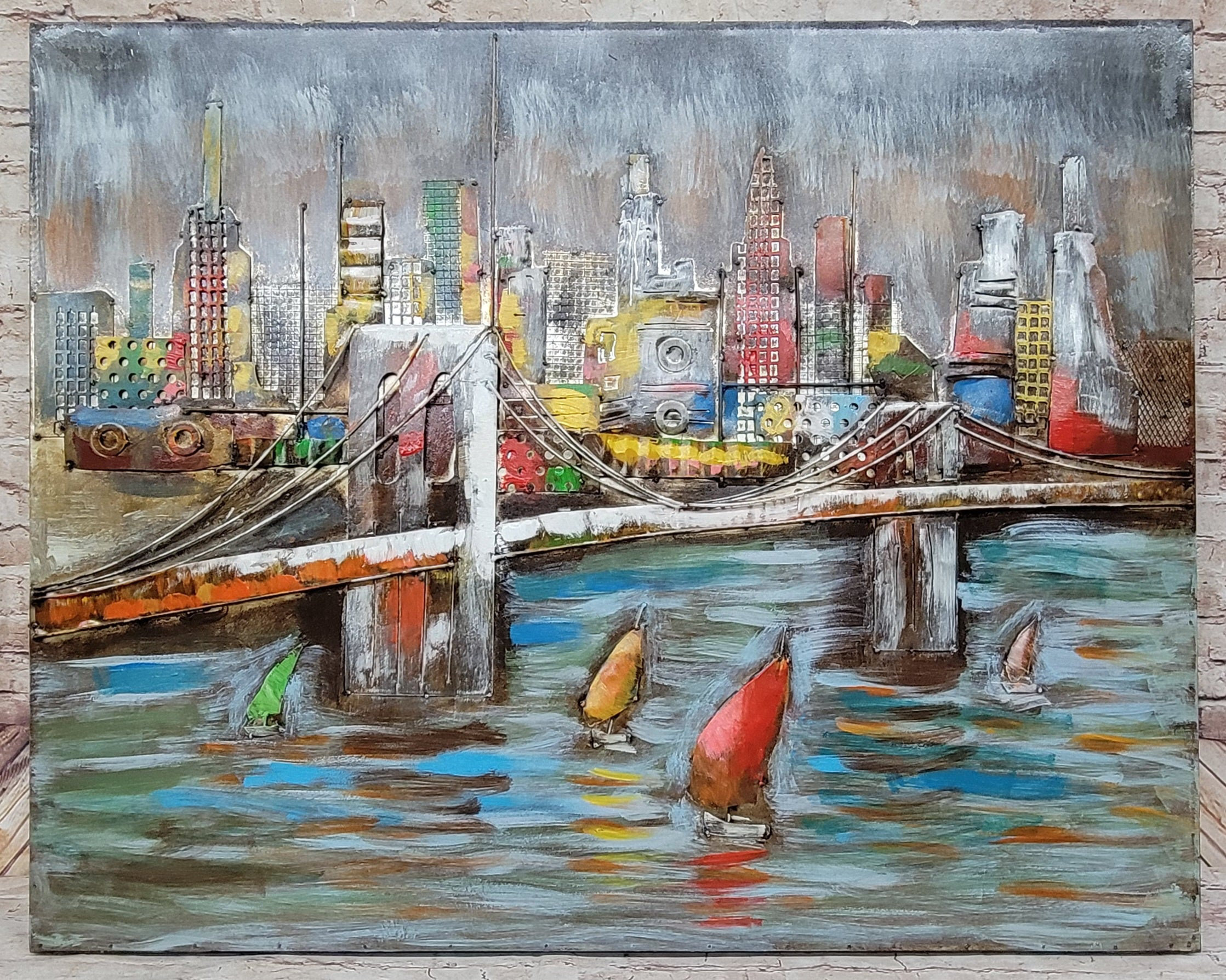 View of Bronzhaus 3D Wall Art Painting Bridge & Sailboats Scene Mixed Media ...