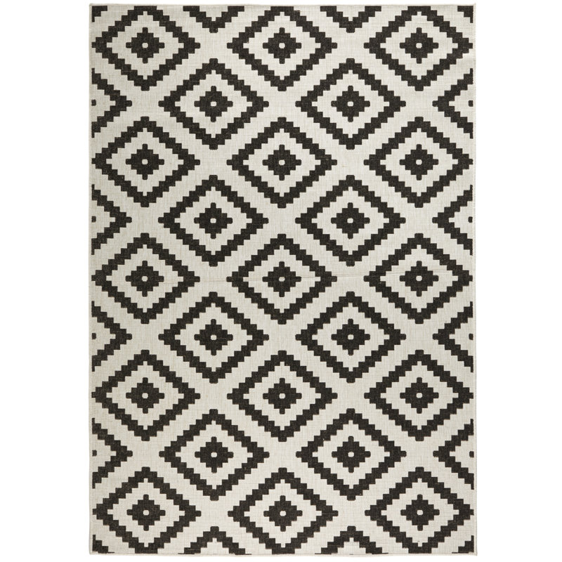 Malta - Indoor & outdoor rug, flat weave, living room, balcony, terrace, geo pattern - black cream, Rectangle 80 x 150cm