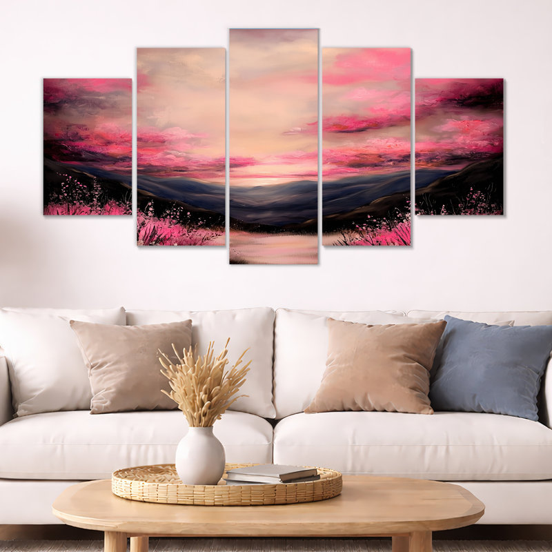«Pink Skies Over Vermont Mountains I», décoration murale 5 panneaux