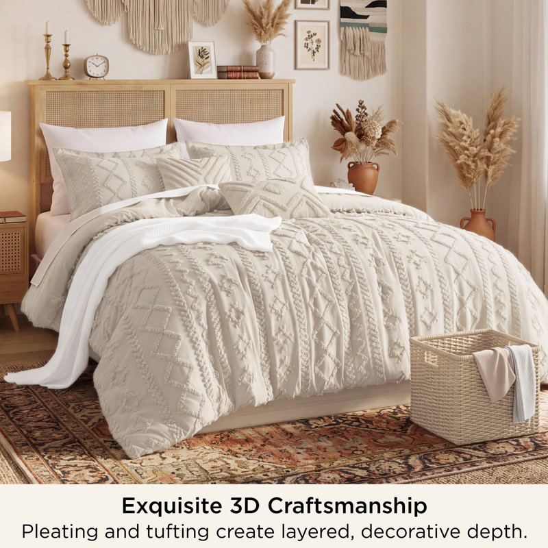 Bedsure King Tufted Boho Comforter Set – Beige, 5-Piece Geometric Design Comforter Set, King Comforter + 4 Additional Pieces