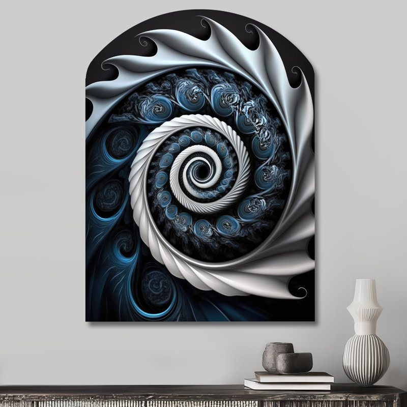 Bleu et blanc vitrail liquide II - voûte abstraite en spirale, art mural en métal, H 34 po x l 25 po