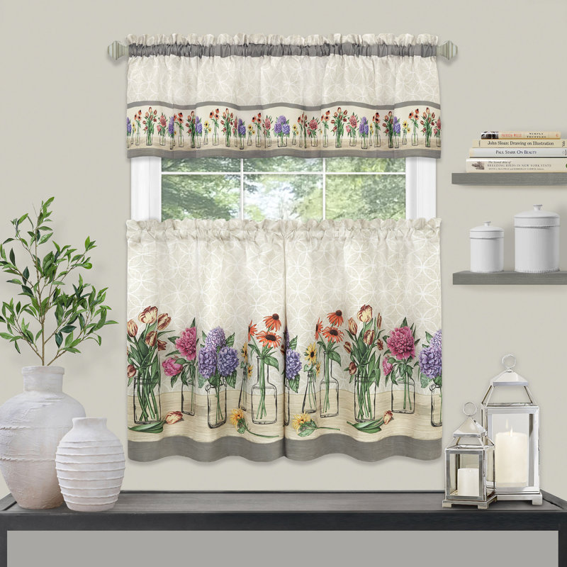Nemiah Floral Tailored 58'' W Kitchen Curtain Beige, 58" W x 37" H