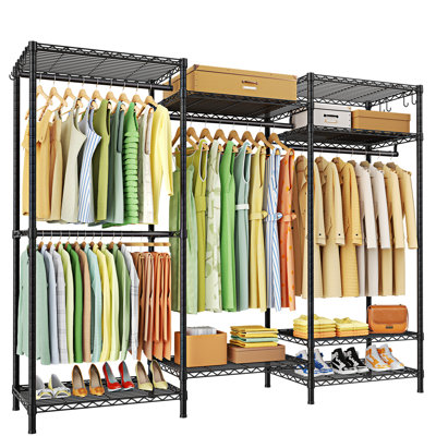 E13 Heavy Duty Clothes Rack（With 4 Hanger Rods & 8 Shelves） Freestanding Clothing Racks for Hanging Clothes，Adjustable Closet Organizer，Metal Garment Rack 63" W x16 D x77 H，Max Load 900LBS，Black