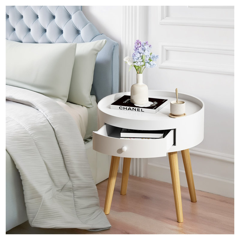 Table de chevet blanche 18 po avec tiroir de rangement et pieds en chêne - table de chevet moderne, petite table d'appoint pour chambre à coucher, salon