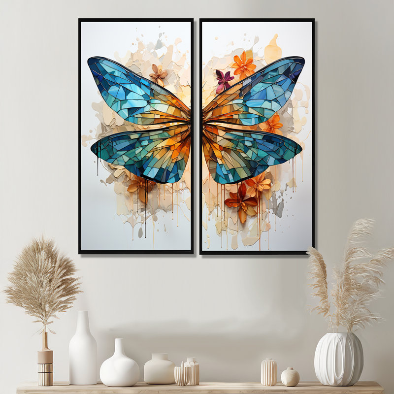 Libellule bleu sarcelle vol éthéré I - ensemble de 2 reproductions d'art moderne sur toile, H 32 po x l 32 po, Noir