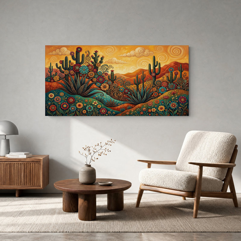 Tableau sur toile représentant un paysage de cactus et de fleurs du Sud-Ouest, L 58 po x H 28 po