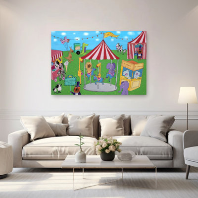 Animals Carousel Fun Playful Whimsical Contemporary Alligator Cow Elephant Animal Architecture Wall Art Print by Carla Daly - Wrapped Canvas Print