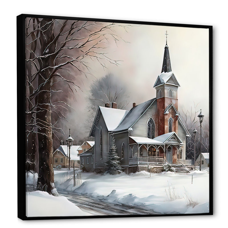 Église en campagne pendant l'hiver V - art mural sur toile spirituel, H 30 po x l 30 po x P 1 po, Cadre flottant noir