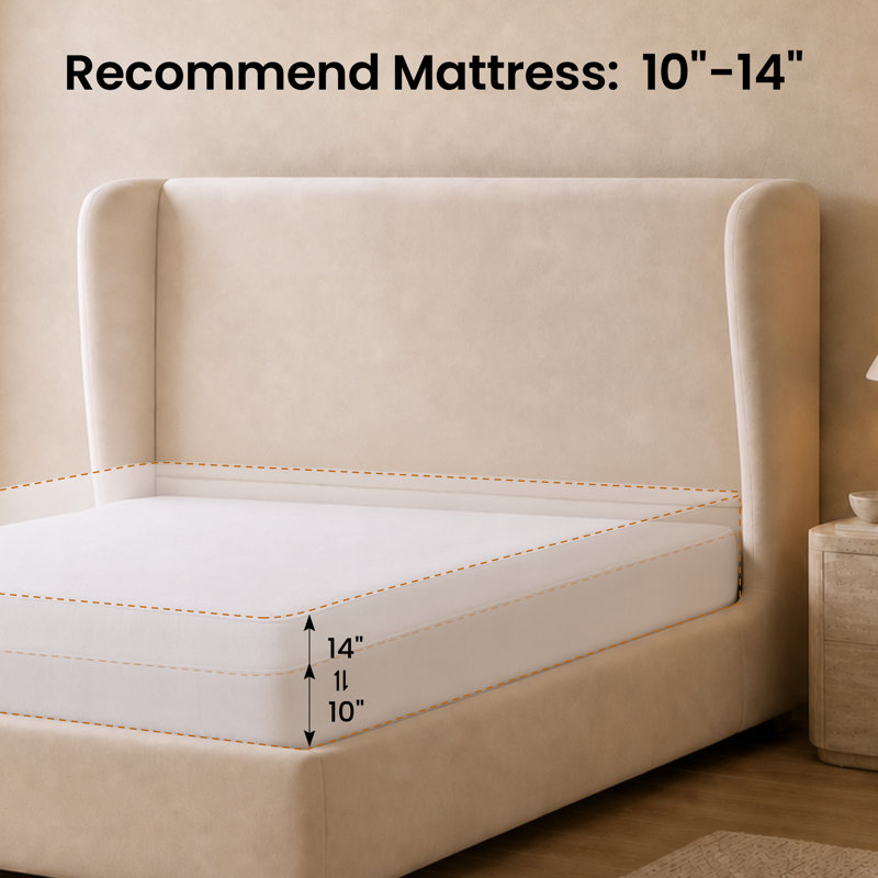Queen 47" Tall Wingback Headboard Bed Frame, Cream Suede Upholstered Platform Bed,Noise-Free Design, Queen