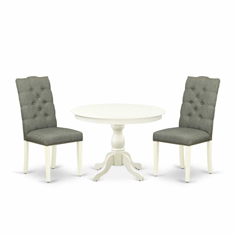 3 Piece Modern Dining Table Set Contains a Round Wooden Table with Pedestal and 2 Gray Linen Fabric Upholstered Parson Chairs, Linen White