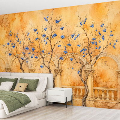 Murale Papier peint auto-adhésif rustique, peint à la main, bleuet, arche, architectural, adhésif, amovible, contact, papier, décoration murale pour le salon, chambre à coucher H 69 po x l 96 po