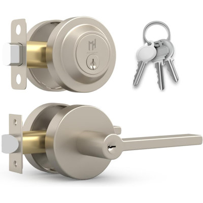 Mega Handles RALPH Reversible Entry Door Lever & Single Cylinder Deadbolt Lock Combo Pack | Modern Keyed Entry Lock Set for Interior & Exterior Doors