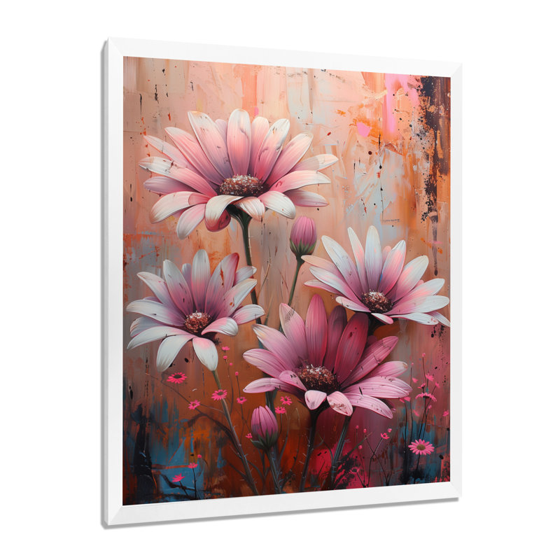 «White Pink Fragile Beauty Daisy I» - impression d'art mural marguerites, Cadre flottant doré, H 30 po x l 40 po