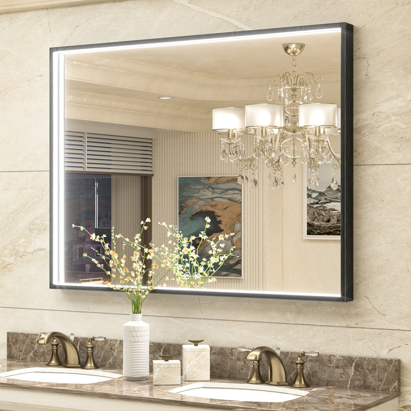 LED Metal Framed Anti-Fog Function 3 Color Adjustment Bathroom Mirror, 48" X 36"