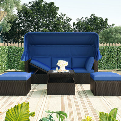 Lit de jour d'extérieur avec auvent et rembourrage de coussin lavable pour terrasse avec coussins de soutien rétractables