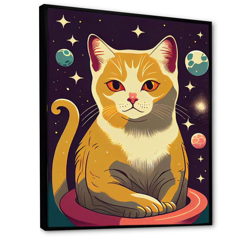 Dessin d'un joli chat jaune dans l'espace - reproduction sur toile, L 16 po x H 32 po, Toile avec cadre flottant noir