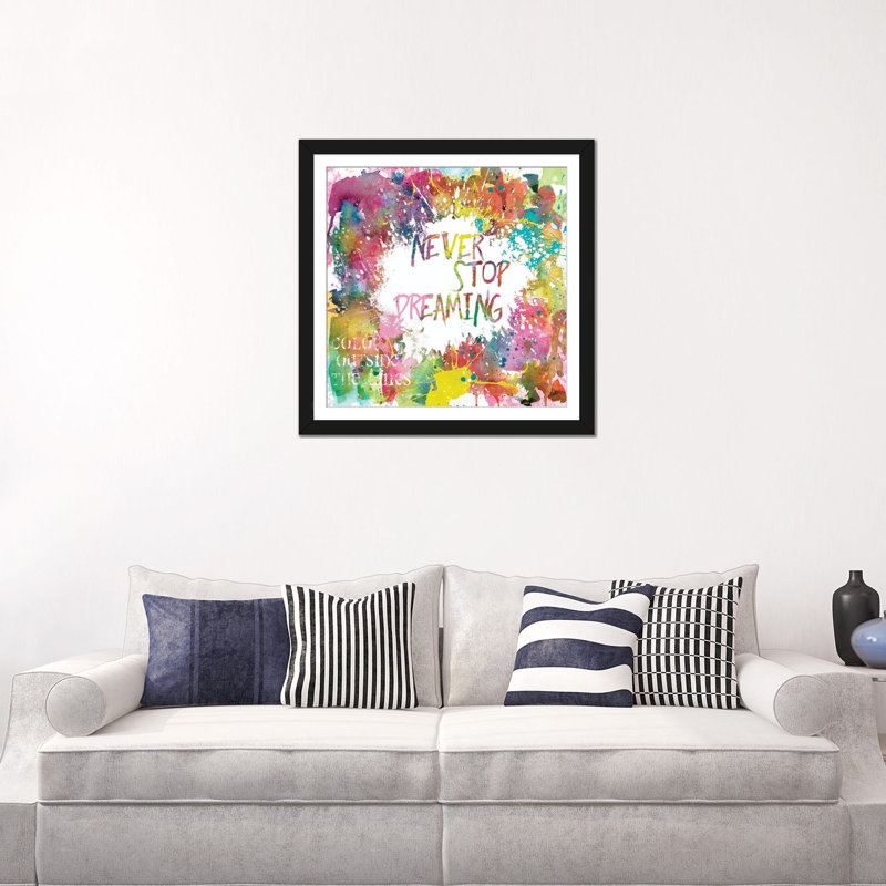« never stop dreaming », peinture sur toile, H 16 po x l 16 po x P 1 po, Papier d'art encadré noir, Blanc