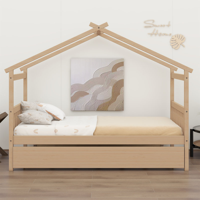 Lit en bois avec lit gigogne simple, Naturel, Lit simple