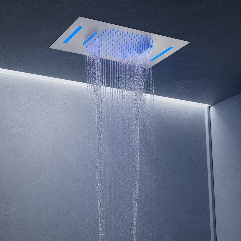 Thermostatic LED Rainfall Shower System, Ceiling Mounted Waterfall Showerhead with Handheld Spray, Brushed Nickel