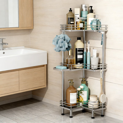 Serviteur de douche debout en coin - Organisateur de tablettes de douche antirouille à 3 niveaux avec porte-savon et 4 crochets pour le rangement de la salle de bain