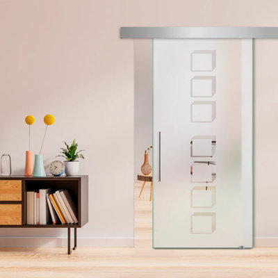 Frameless Glass Sliding Barn Door with Sandblasted Modern Design + Hardware Kit (Semi-Private)