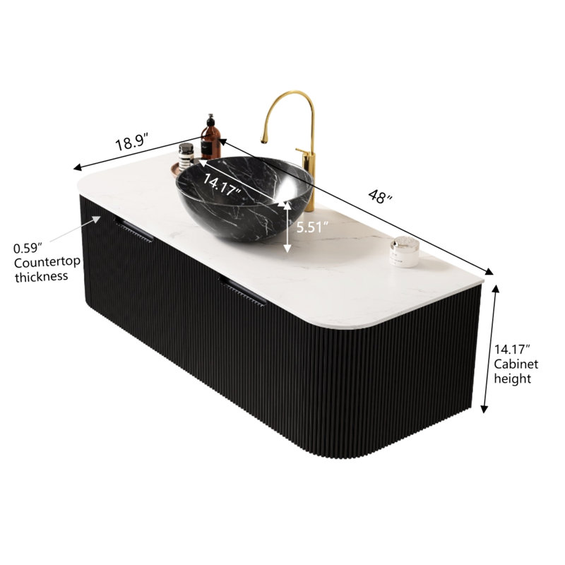 Meuble-lavabo 48 po avec lavabo, armoire flottante, lavabo en céramique noire, comptoir à motif de pierre, système de rangement à fermeture en douceur, matériaux