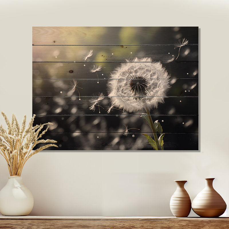 Simaya White Black Dandelion Whispers III sur impression de bois, H 24 po x l 32 po x P 0,78 po