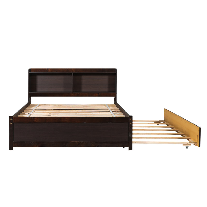 Lit en bois avec lit gigogne et bibliothèque, Lit double, Espresso