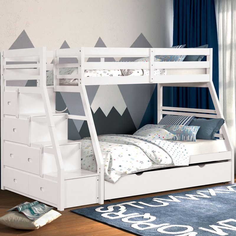 Transitional Twin Over Full Bunk Bed With White Finish, Rails And Joint Lock, Built-In Drawers Steps, Slat Kit For Mattress Support Insert Lock Joint, Storage Included